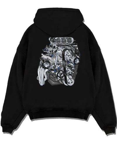 Black pullover hoodie laid flat on a white background, featuring turbo tuner street vintage enthusiast racing performance graphic.