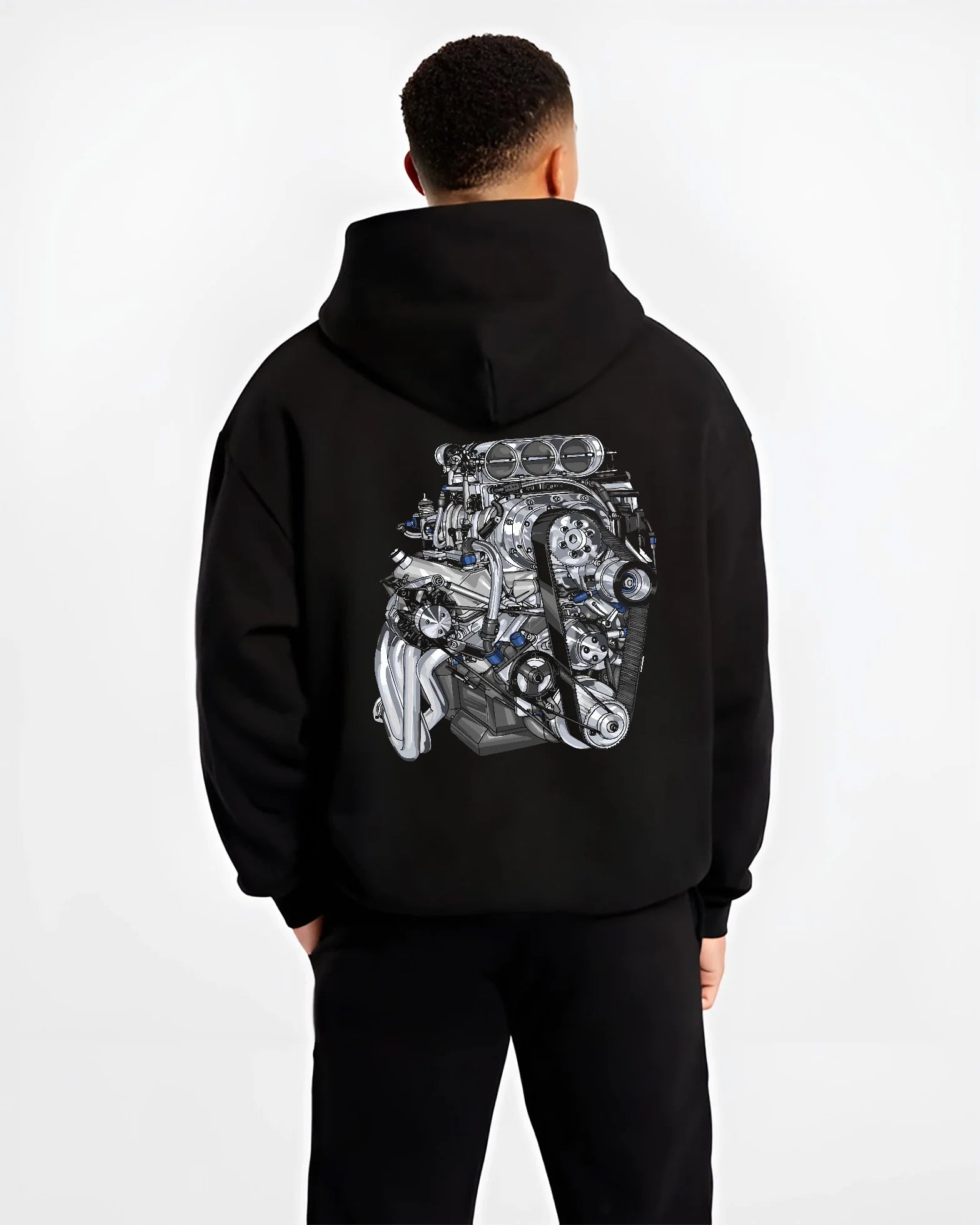 Black hoodie worn by a male model, back view, featuring turbo tuner street vintage enthusiast racing performance motorsport graphic.