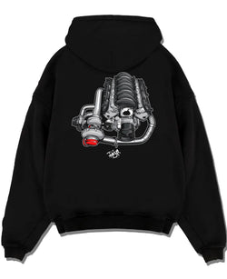 Black pullover hoodie laid flat on a white background, featuring supercharged v8 muscle street retro power enthusiast graphic.