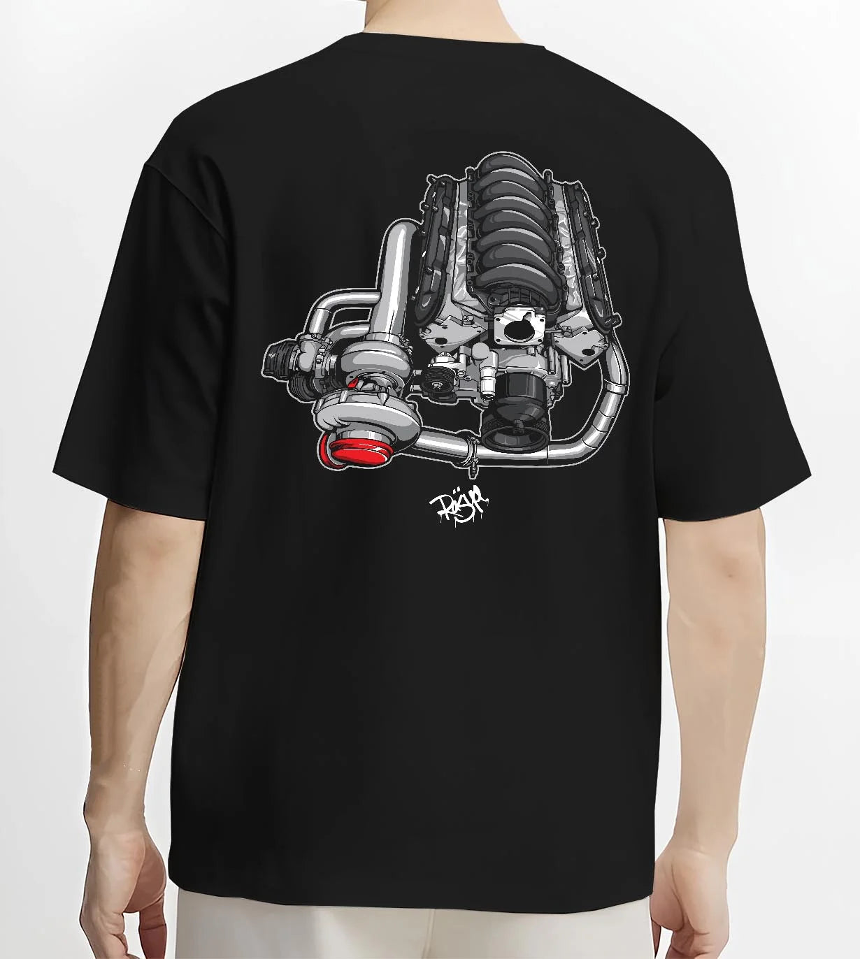 Black T-shirt worn by a male model, back view, featuring supercharged v8 muscle street retro power enthusiast racing graphic.
