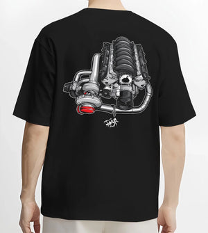 Black T-shirt worn by a male model, back view, featuring supercharged v8 muscle street retro power enthusiast racing graphic.