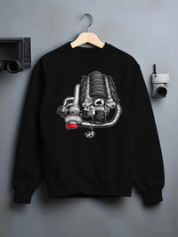 Black crewneck sweatshirt on a hanger against a grey wall, featuring supercharged v8 muscle street retro power enthusiast graphic.