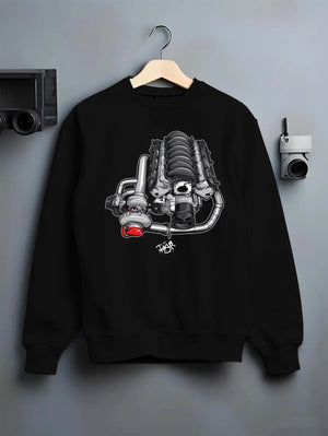 Black crewneck sweatshirt on a hanger against a grey wall, featuring supercharged v8 muscle street retro power enthusiast graphic.