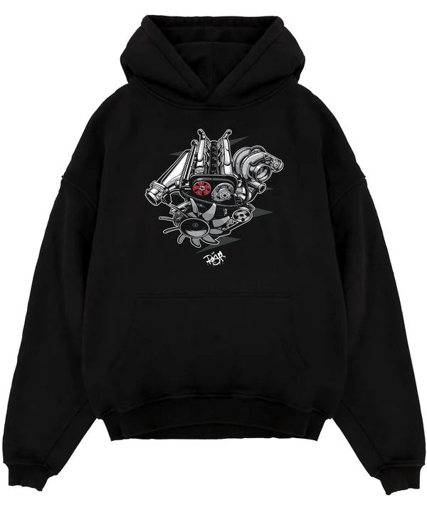 Black pullover hoodie laid flat on a white background, featuring muscle retro vintage racing street performance motorsport graphic.