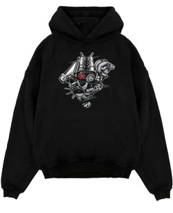 Black pullover hoodie laid flat on a white background, featuring muscle retro vintage racing street performance motorsport graphic.