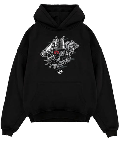 Black pullover hoodie laid flat on a white background, featuring muscle retro vintage racing street performance motorsport graphic.