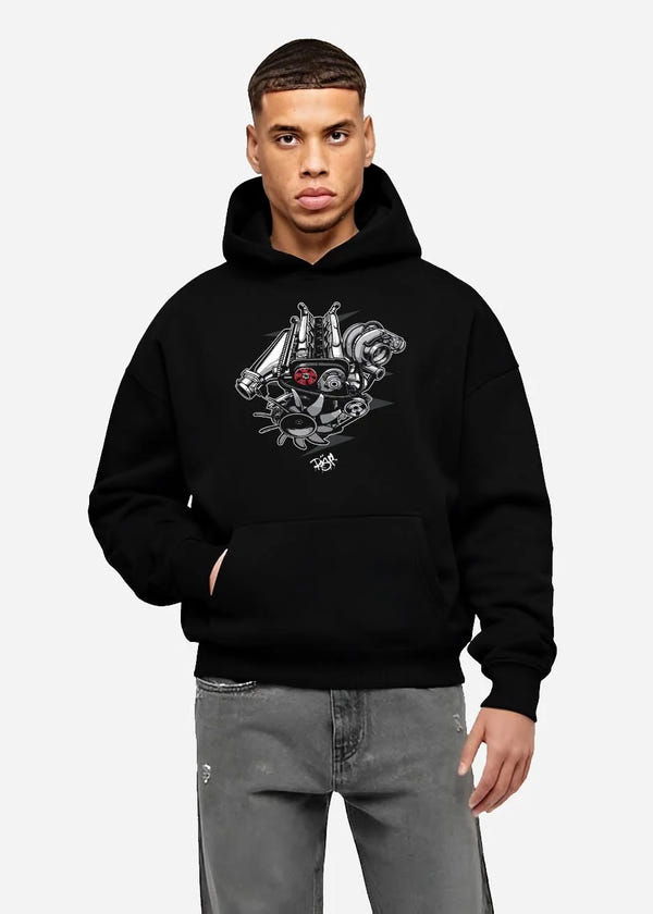 Black hoodie worn by a male model, front view, featuring muscle retro vintage racing street performance motorsport graphic.