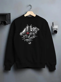 Black crewneck sweatshirt on a hanger against a grey wall, featuring muscle retro vintage racing street performance graphic.