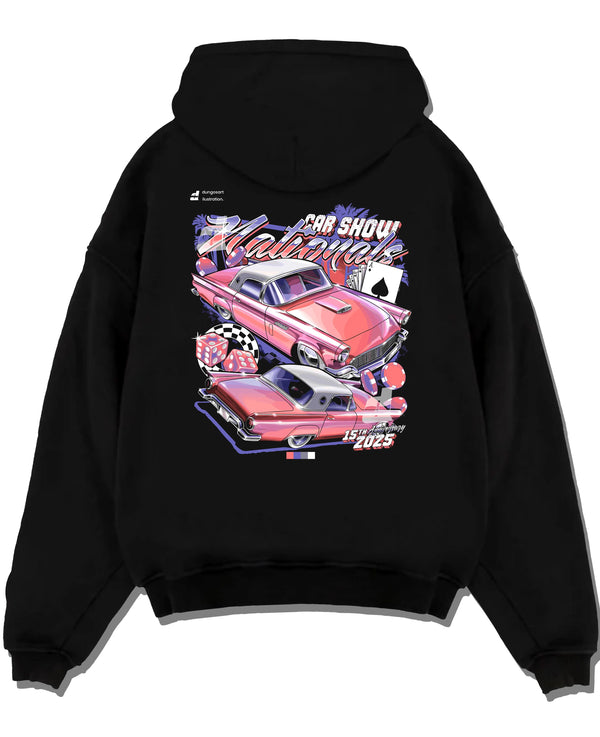 Black pullover hoodie laid flat on a white background, featuring rs ls retro vintage classic show racing street graphic.