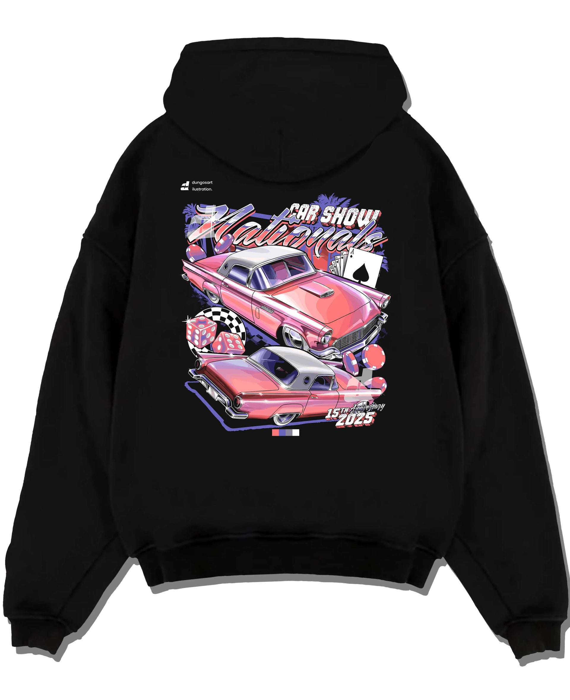 Black pullover hoodie laid flat on a white background, featuring rs ls retro vintage classic show racing street graphic.