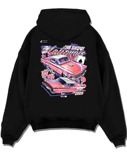 Black pullover hoodie laid flat on a white background, featuring rs ls retro vintage classic show racing street graphic.