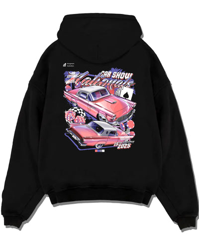 Black pullover hoodie laid flat on a white background, featuring rs ls retro vintage classic show racing street graphic.