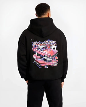 Black hoodie worn by a male model, back view, featuring rs ls retro vintage classic show racing street graphic.