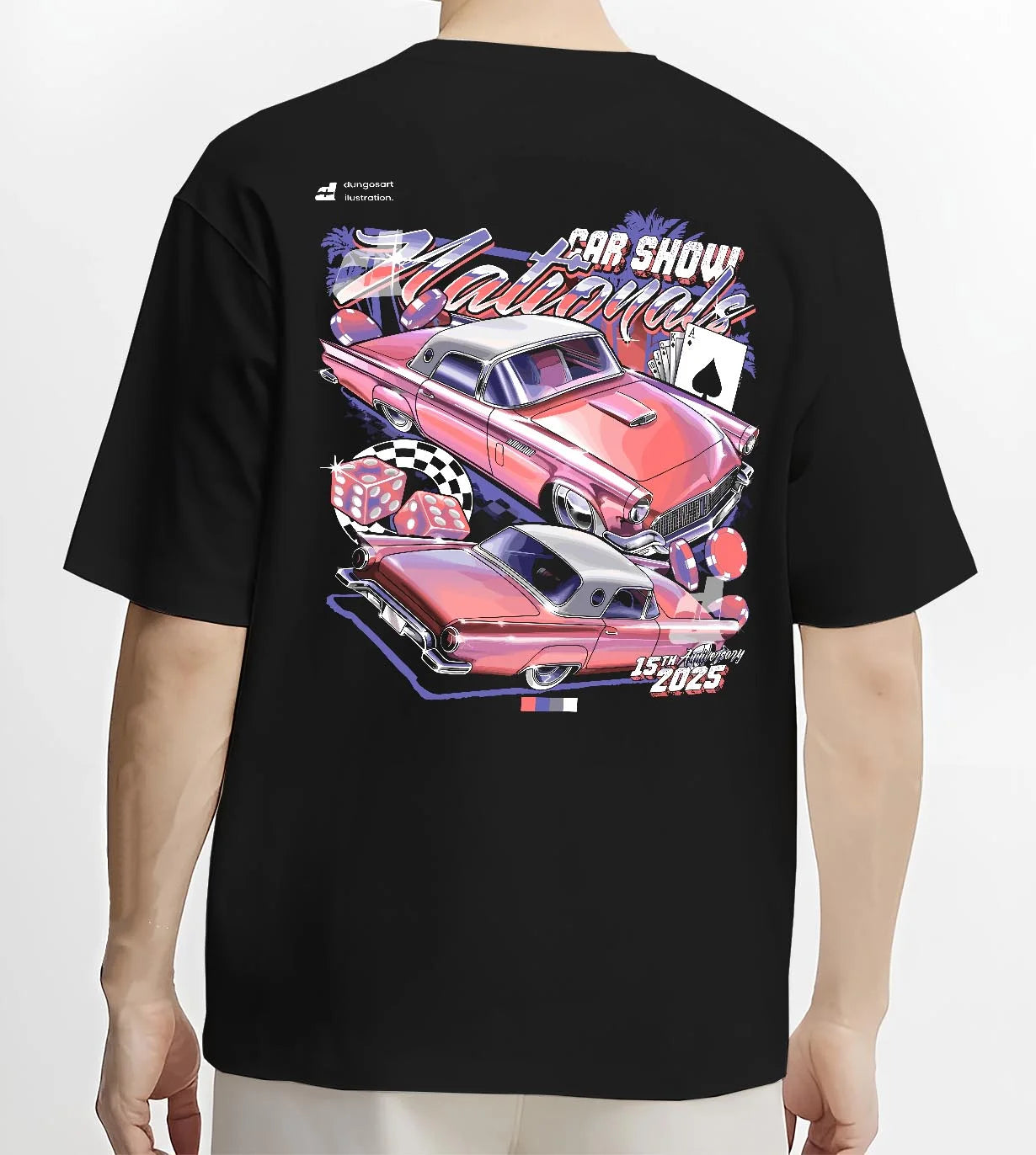 Black T-shirt worn by a male model, back view, featuring rs ls retro vintage classic show racing street graphic.