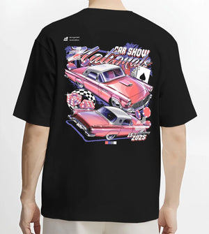Black T-shirt worn by a male model, back view, featuring rs ls retro vintage classic show racing street graphic.