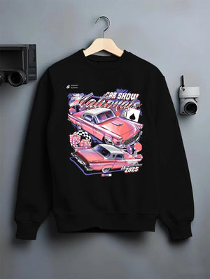 Black crewneck sweatshirt on a hanger against a grey wall, featuring rs ls retro vintage classic show racing street graphic.