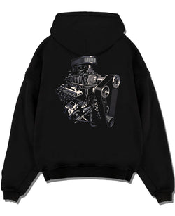 Black pullover hoodie laid flat on a white background, featuring street enthusiast racing performance motorsport automotive graphic.