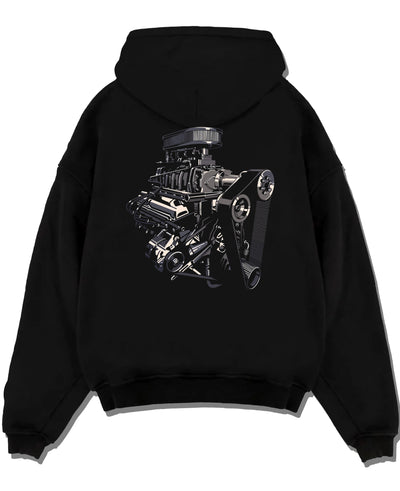 Black pullover hoodie laid flat on a white background, featuring street enthusiast racing performance motorsport automotive graphic.
