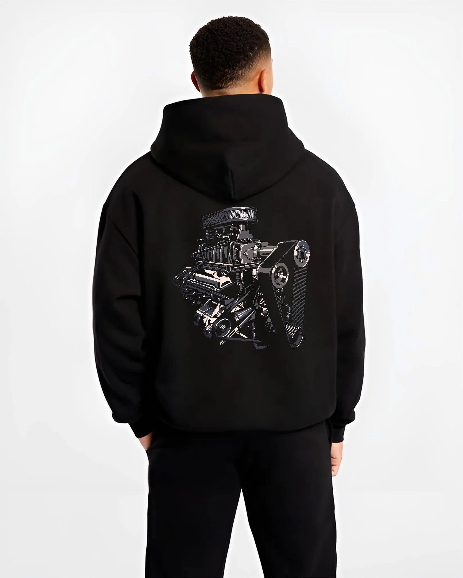 Black hoodie worn by a male model, back view, featuring street enthusiast racing performance motorsport automotive power graphic.