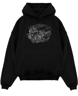 Black pullover hoodie laid flat on a white background, featuring street enthusiast racing performance motorsport automotive ceng4.