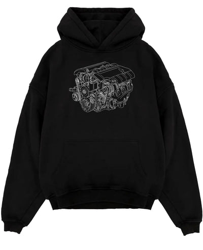 Black pullover hoodie laid flat on a white background, featuring street enthusiast racing performance motorsport automotive ceng4.