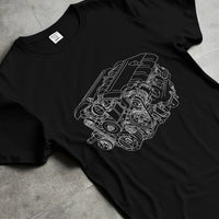 Black T-shirt laid flat with natural fabric folds, featuring street enthusiast racing performance motorsport automotive ceng4.