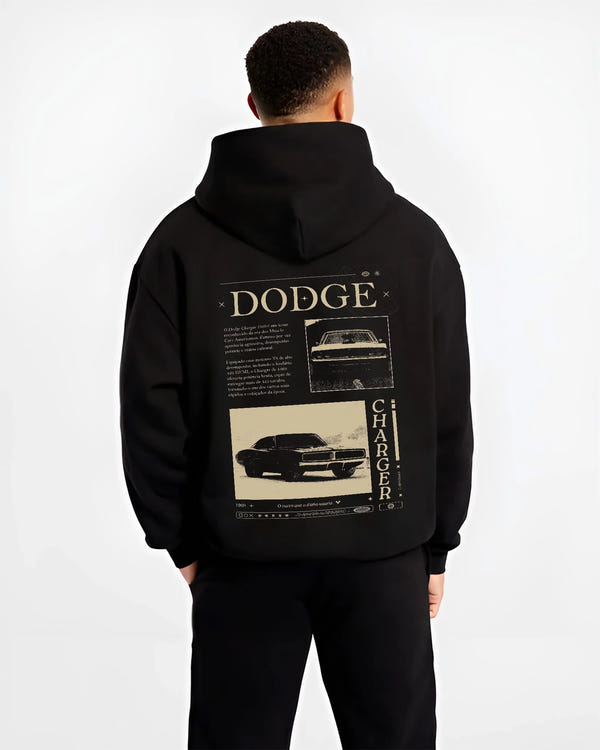 Black hoodie worn by a male model, back view, featuring Dodge Charger muscle street retro vintage enthusiast racing graphic.