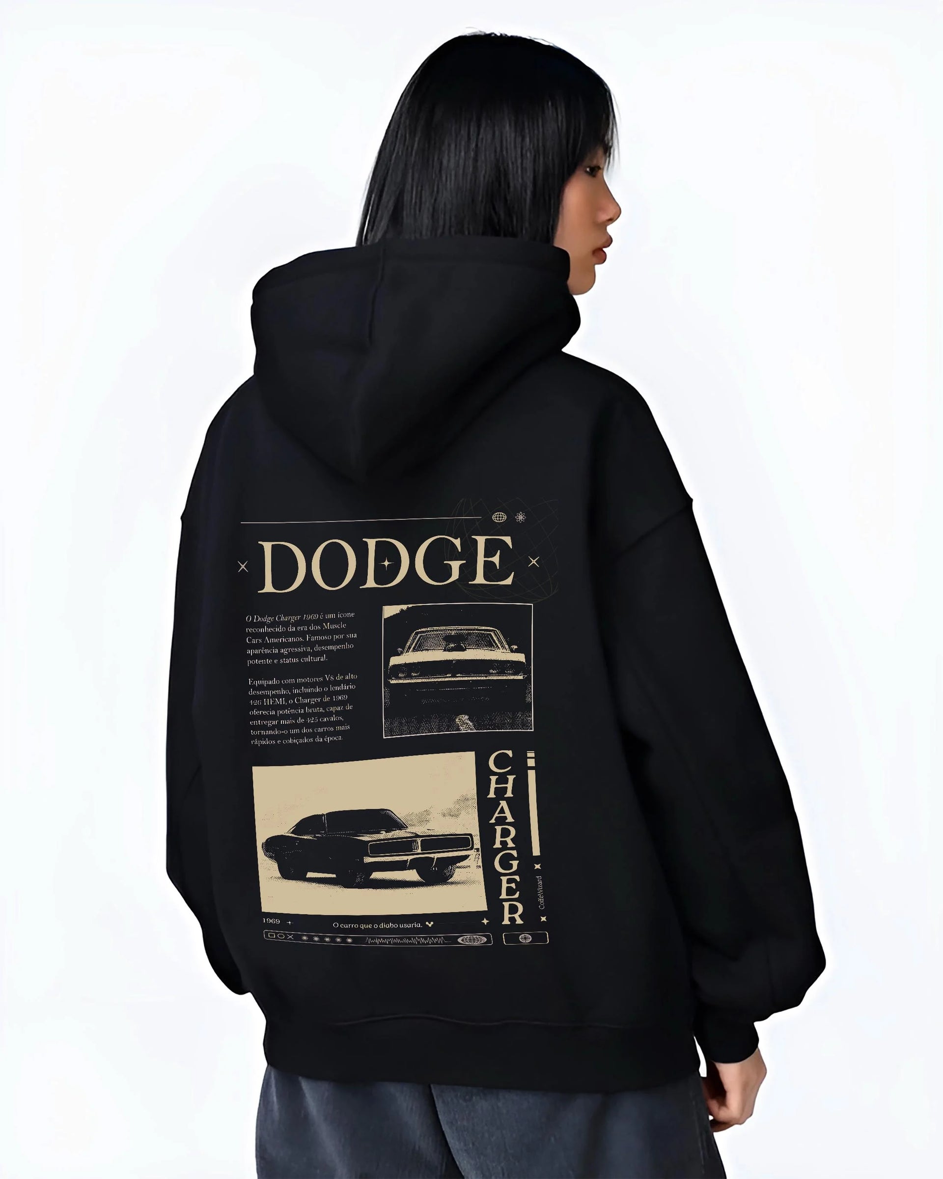 Black hoodie worn by a female model, back view, featuring Dodge Charger muscle street retro vintage enthusiast racing graphic.