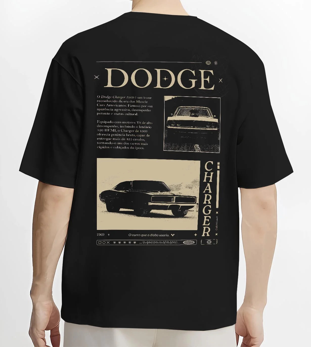 Black T-shirt worn by a male model, back view, featuring Dodge Charger muscle street retro vintage enthusiast racing graphic.