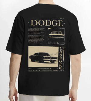 Black T-shirt worn by a male model, back view, featuring Dodge Charger muscle street retro vintage enthusiast racing graphic.
