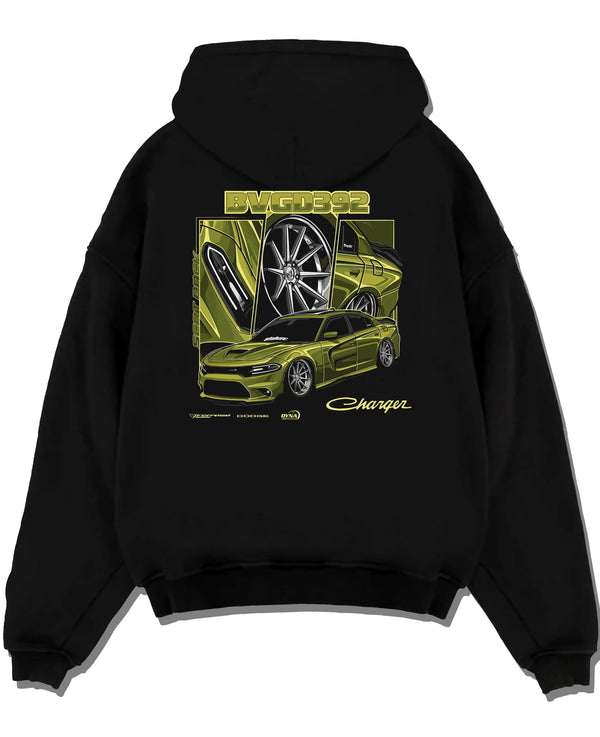 Black pullover hoodie laid flat on a white background, featuring Dodge Charger racing jdm american muscle street retro graphic.