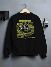 Black crewneck sweatshirt on a hanger against a grey wall, featuring Dodge Charger racing jdm american muscle street retro graphic.
