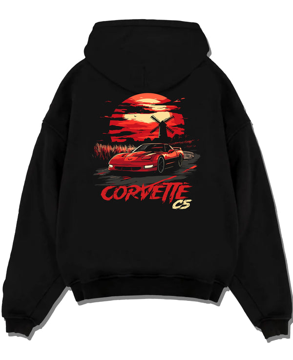 Black pullover hoodie laid flat on a white background, featuring Chevrolet Camaro racing drag american muscle street retro graphic.