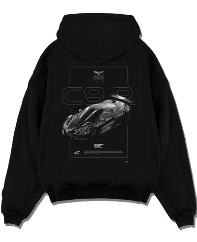 Black pullover hoodie laid flat on a white background, featuring Chevrolet Corvette C8 corvette racing american muscle graphic.