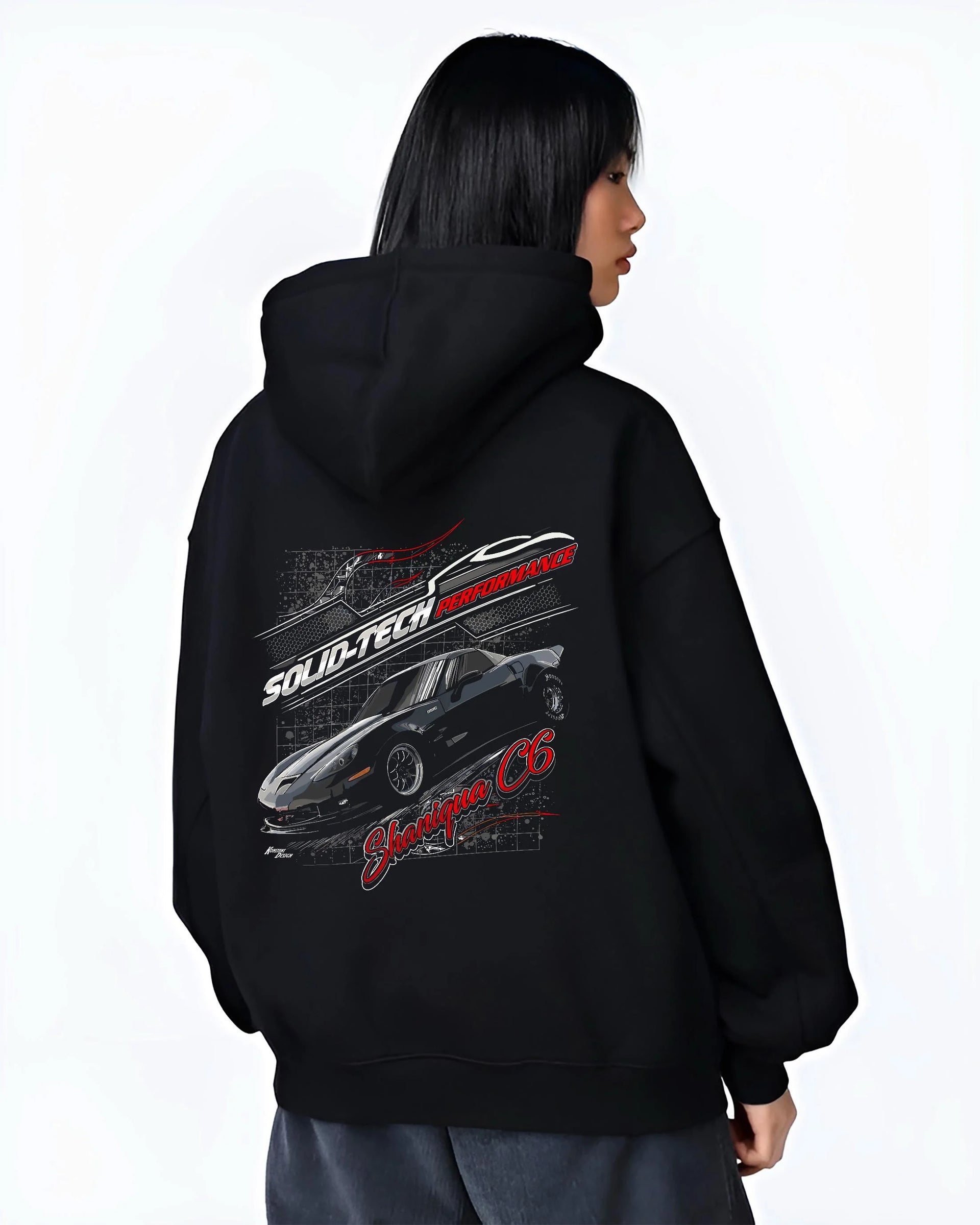 Black hoodie worn by a female model, back view, featuring Chevrolet rs racing muscle street retro classic enthusiast graphic.