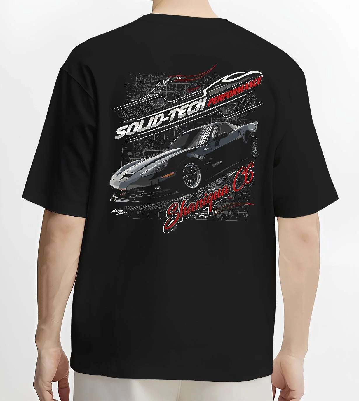 Black T-shirt worn by a male model, back view, featuring Chevrolet rs racing muscle street retro classic enthusiast graphic.