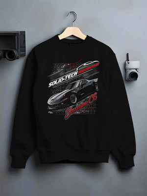 Black crewneck sweatshirt on a hanger against a grey wall, featuring Chevrolet rs racing muscle street retro classic graphic.