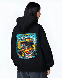 Black hoodie worn by a female model, back view, featuring racing american muscle tuner street vintage classic performance graphic.