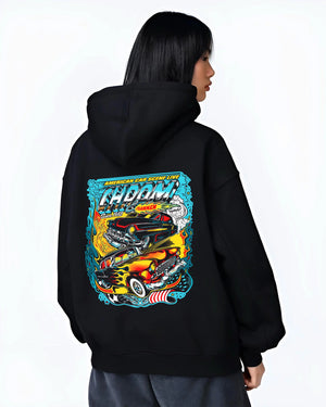 Black hoodie worn by a female model, back view, featuring racing american muscle tuner street vintage classic performance graphic.
