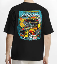 Black T-shirt worn by a male model, back view, featuring racing american muscle tuner street vintage classic performance graphic.