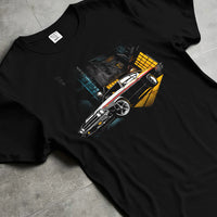 Black T-shirt laid flat with natural fabric folds, featuring Chevrolet Chevelle rs american muscle retro classic enthusiast graphic.