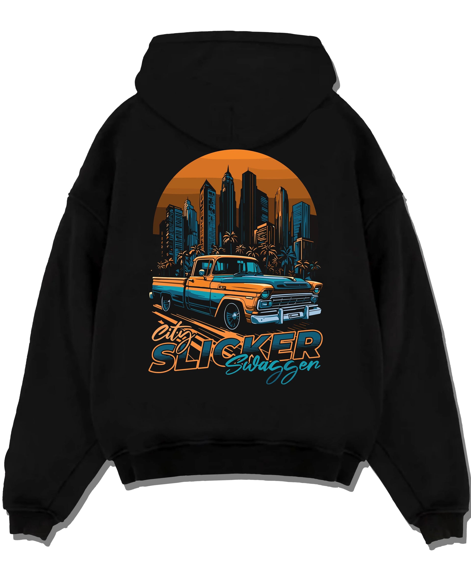 Black pullover hoodie laid flat on a white background, featuring Chevrolet SKYLINE retro vintage classic racing street graphic.