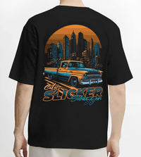 Black T-shirt worn by a male model, back view, featuring Chevrolet SKYLINE retro vintage classic racing street performance graphic.