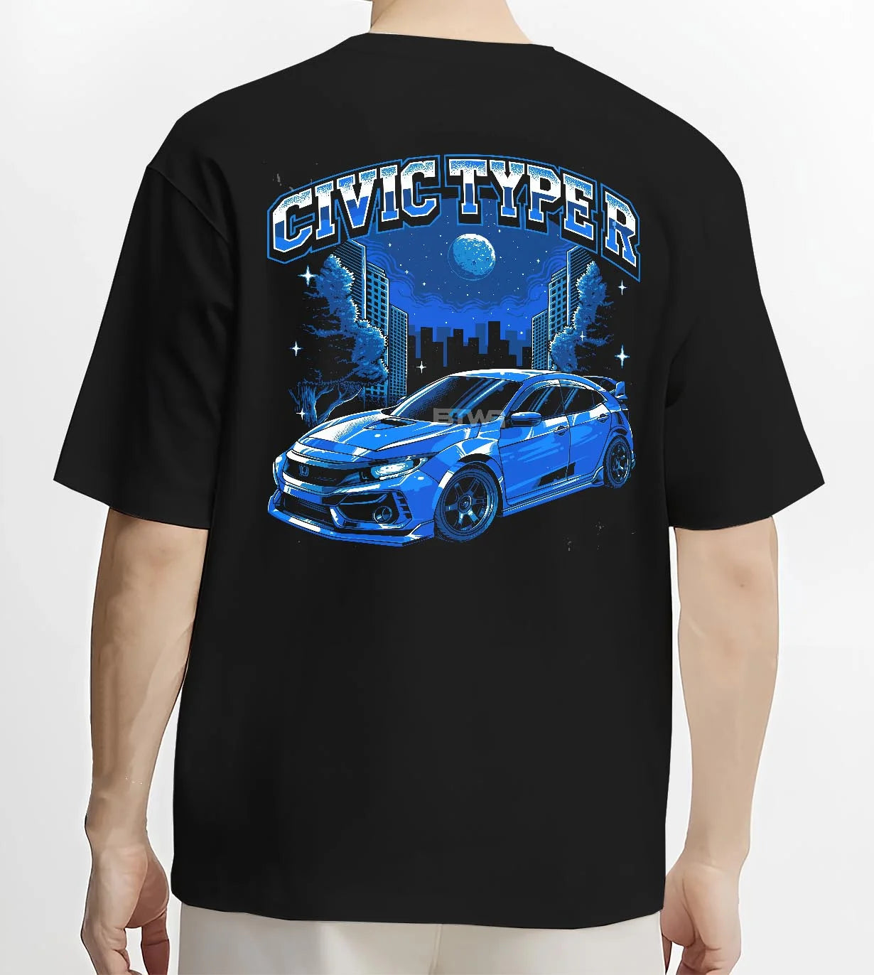 Black T-shirt worn by a male model, back view, featuring Honda Civic rs racing motorsport jdm street performance graphic.