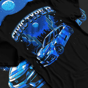 Black T-shirt laid flat with natural fabric folds, featuring Honda Civic rs racing motorsport jdm street performance graphic.