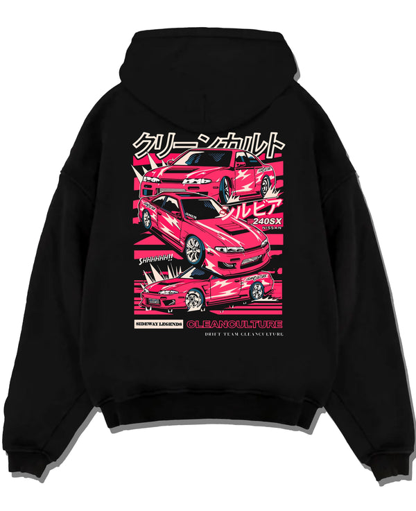 Black pullover hoodie laid flat on a white background, featuring Nissan Silvia 240sx drift jdm japanese street legend graphic.