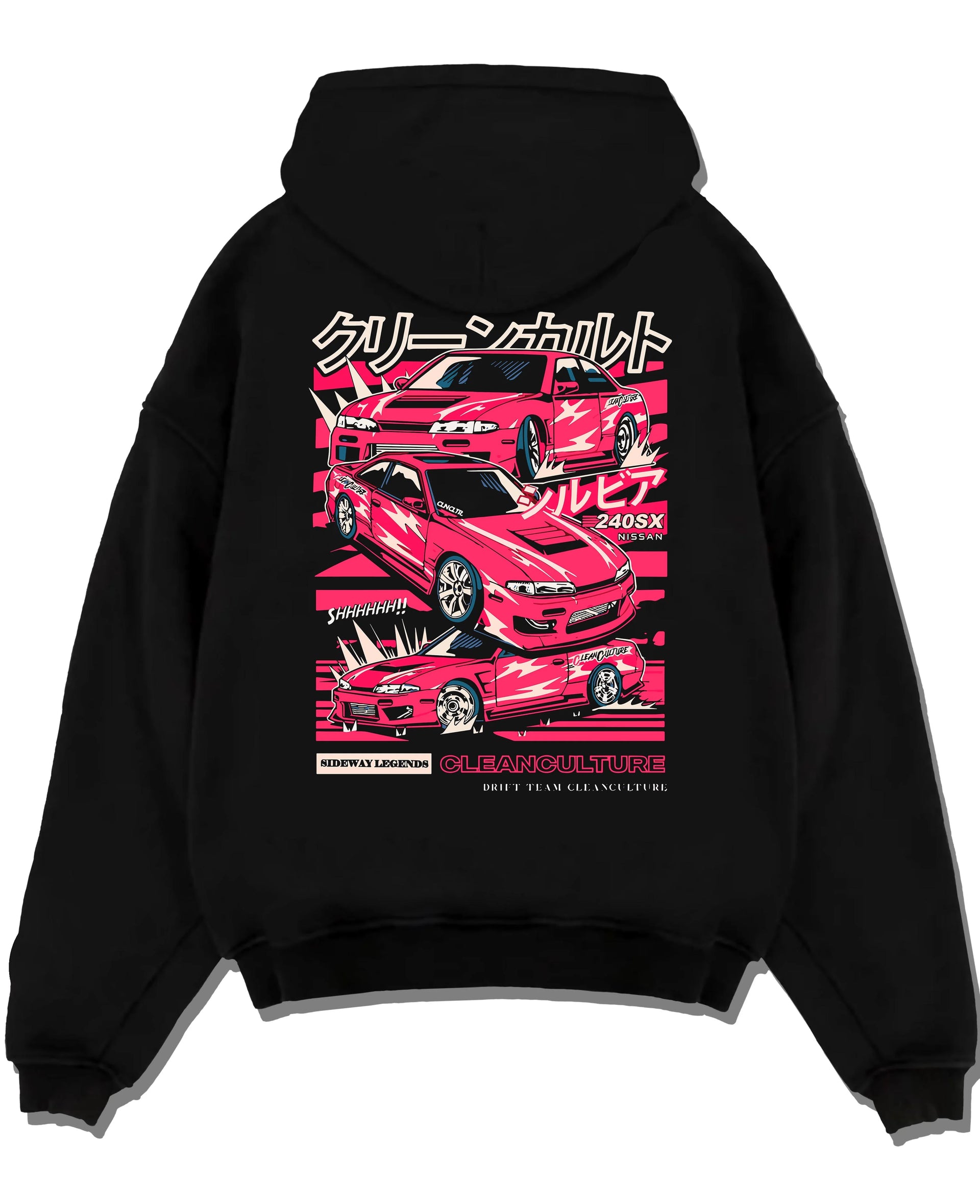 Black pullover hoodie laid flat on a white background, featuring Nissan Silvia 240sx drift jdm japanese street legend graphic.
