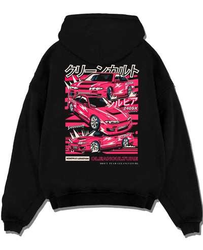 Black pullover hoodie laid flat on a white background, featuring Nissan Silvia 240sx drift jdm japanese street legend graphic.