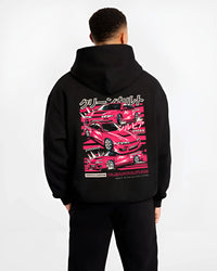 Black hoodie worn by a male model, back view, featuring Nissan Silvia 240sx drift jdm japanese street legend graphic.
