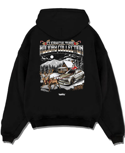 Black pullover hoodie laid flat on a white background, featuring drift street racing performance motorsport automotive graphic.